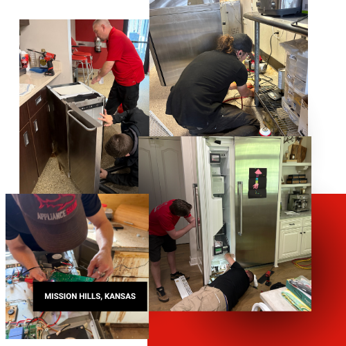 Collage of appliance repair technicians servicing refrigerators and kitchen appliances in homes in Mission Hills, Kansas