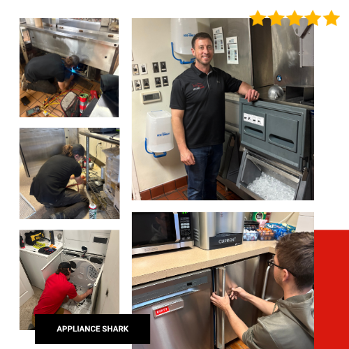 Collage of Appliance Shark technicians repairing commercial kitchen equipment and appliances, with five gold stars highlighting their 5-star customer reviews
