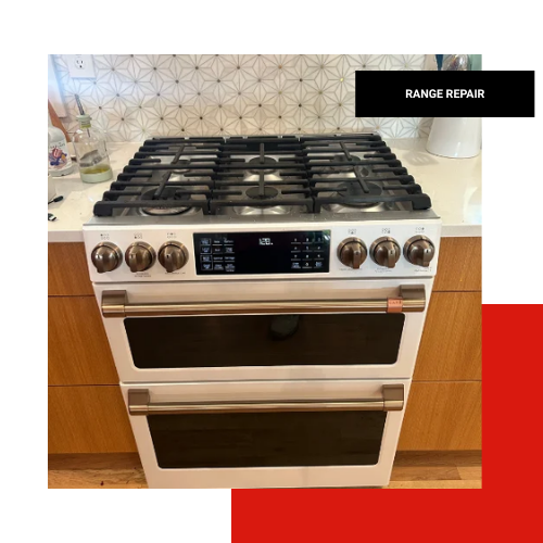 White Café brand double oven gas range with bronze knobs awaiting range repair service in a modern kitchen