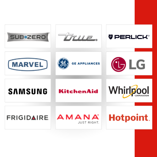 Grid of freezer brands serviced including Sub-Zero, True, Perlick, Marvel, GE Appliances, LG, Samsung, KitchenAid, Whirlpool, Frigidaire, Amana, and Hotpoint