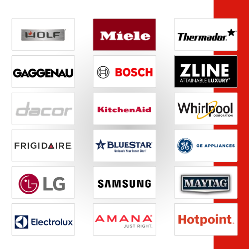 Grid of range brands serviced including Wolf, Miele, Thermador, Gaggenau, Bosch, ZLine, Dacor, KitchenAid, Whirlpool, Frigidaire, BlueStar, GE Appliances, LG, Samsung, Maytag, Electrolux, Amana, and Hotpoint