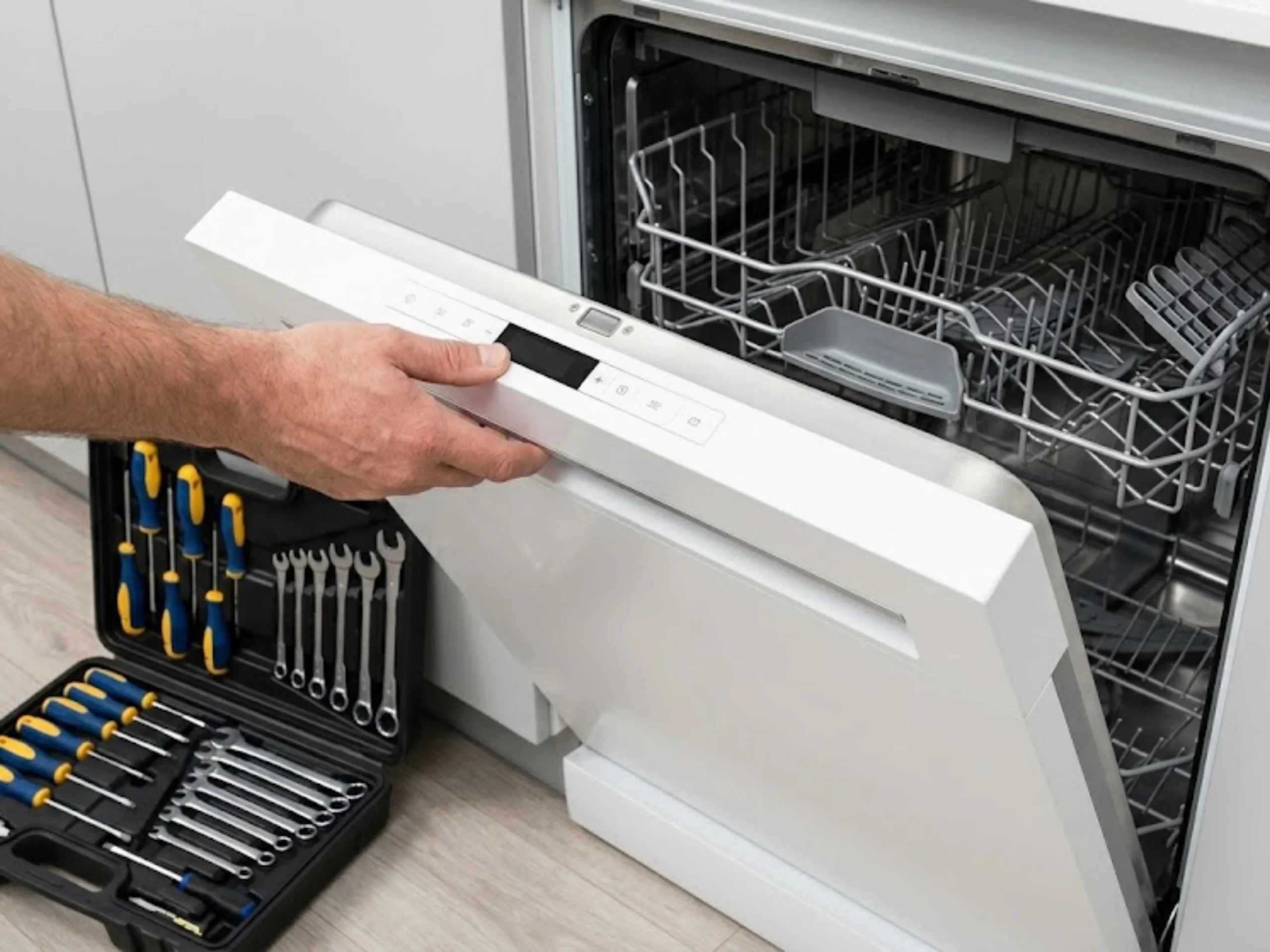 A close-up, high-angle shot of a man's hand opening a white modern dishwasher in a bright kitchen. An open black toolkit filled with screwdrivers and wrenches sits on the floor next to the appliance.