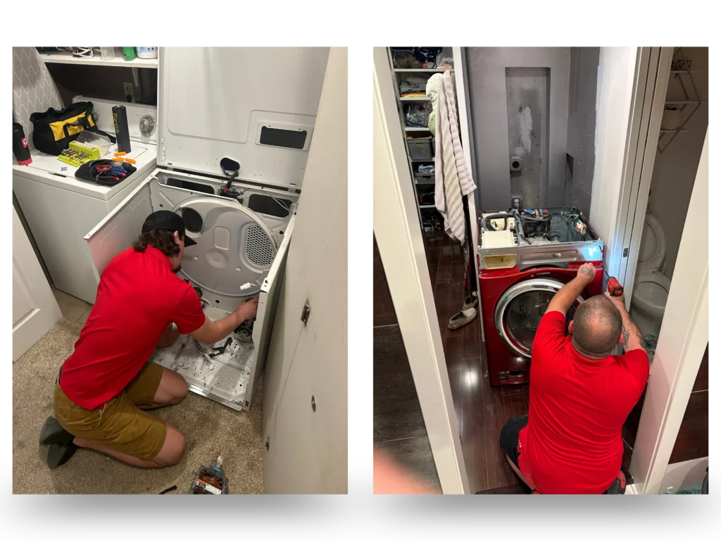 Technicians in red shirts repairing appliances: one disassembling a dryer drum in a laundry closet, another working on the internal components of a red front-load washer