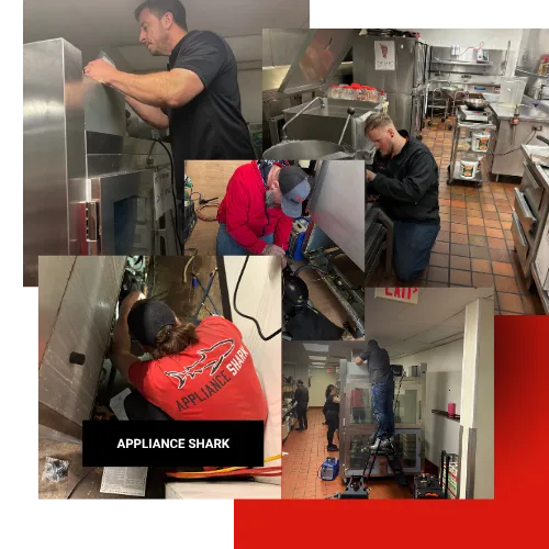 Collage of Appliance Shark technicians servicing and repairing commercial kitchen equipment including ovens, refrigerators, and other appliances