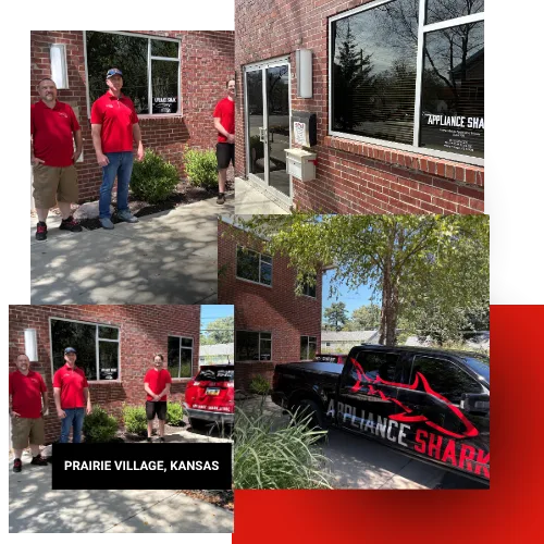 Appliance Shark team members in red uniforms posing outside their brick office building alongside a branded service truck in Prairie Village, Kansas