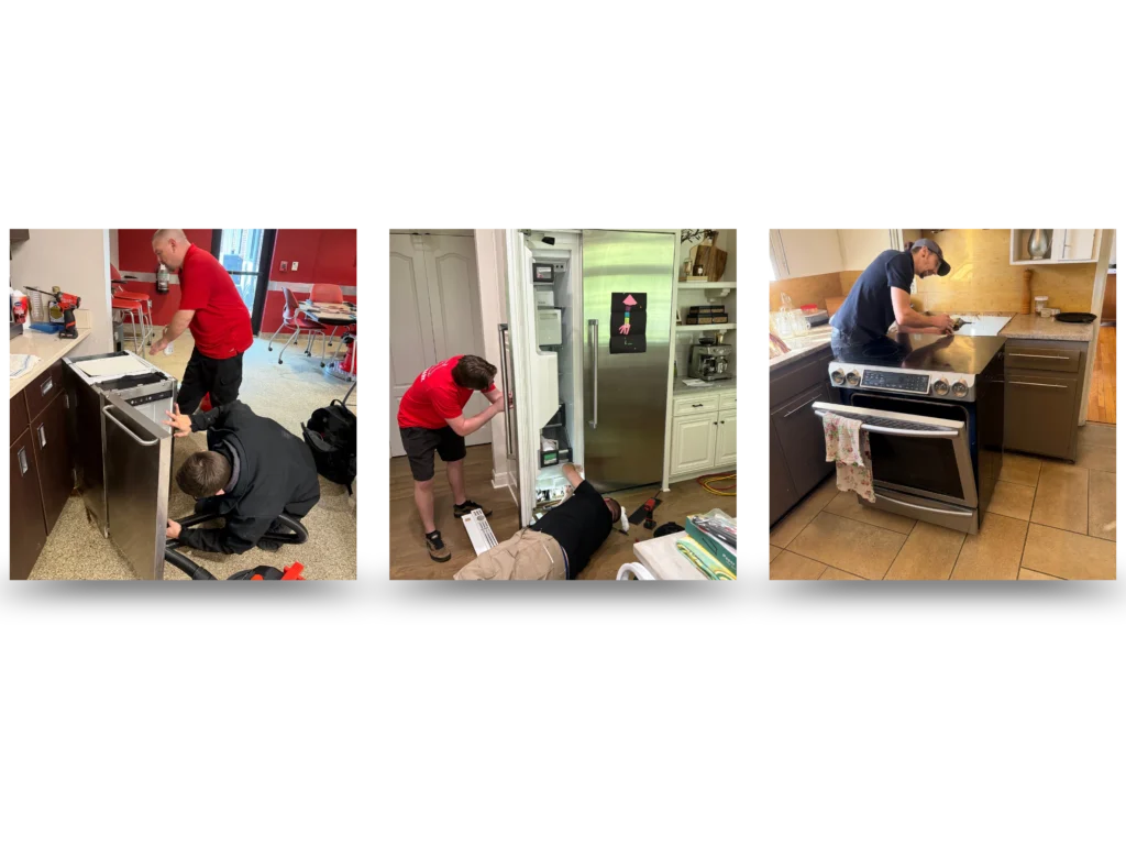Three-photo collage of Appliance Shark technicians repairing a commercial appliance, a stainless steel column refrigerator, and a slide-in electric range in residential and commercial kitchens