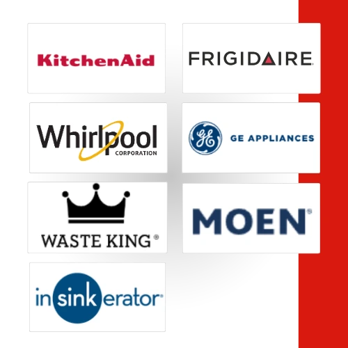 Grid of garbage disposal brands serviced including KitchenAid, Frigidaire, Whirlpool, GE Appliances, Waste King, Moen, and InSinkErator