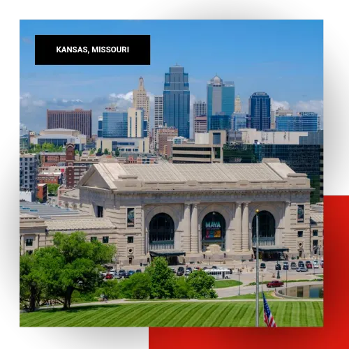 Kansas City Missouri skyline with Union Station in the foreground and downtown skyscrapers in the background