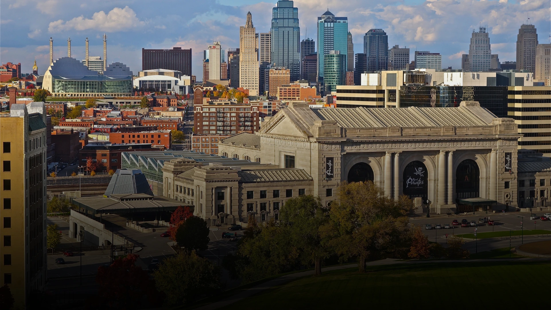 Downtown Kansas City skyline with Union Station in the foreground and modern skyscrapers rising in the background