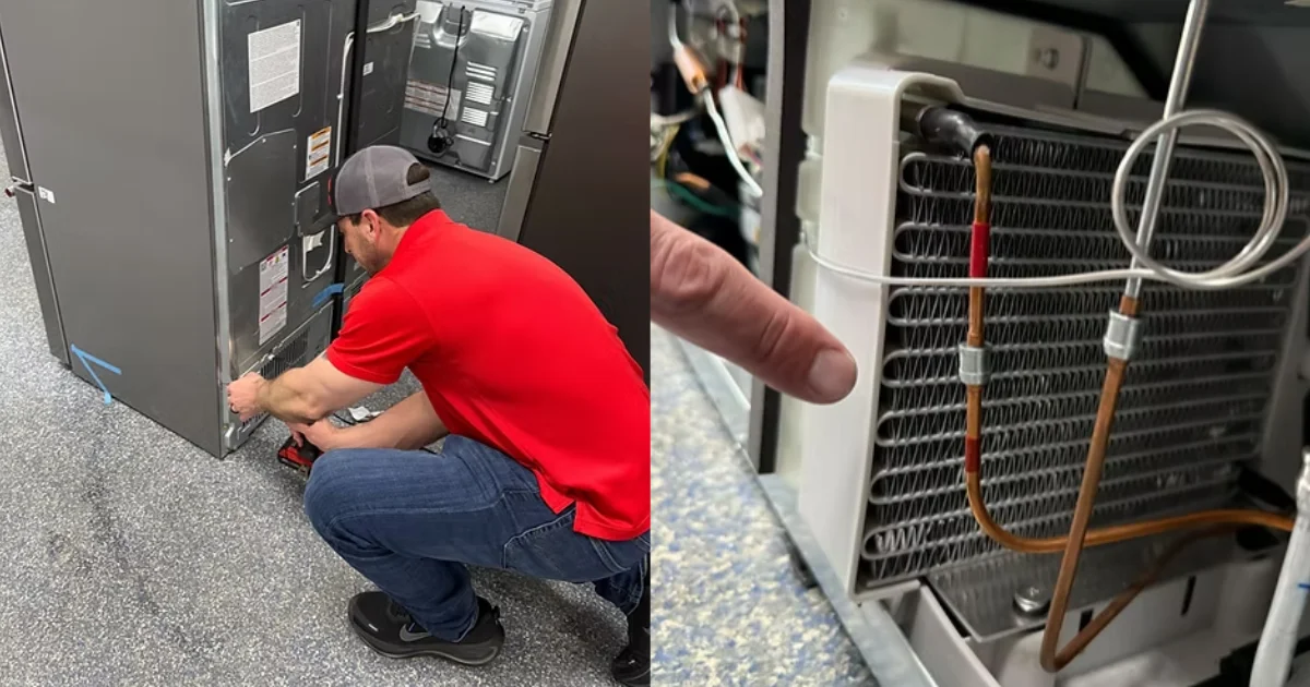Refrigerator Condenser Coils cleaning, technician accessing coils and close-up view