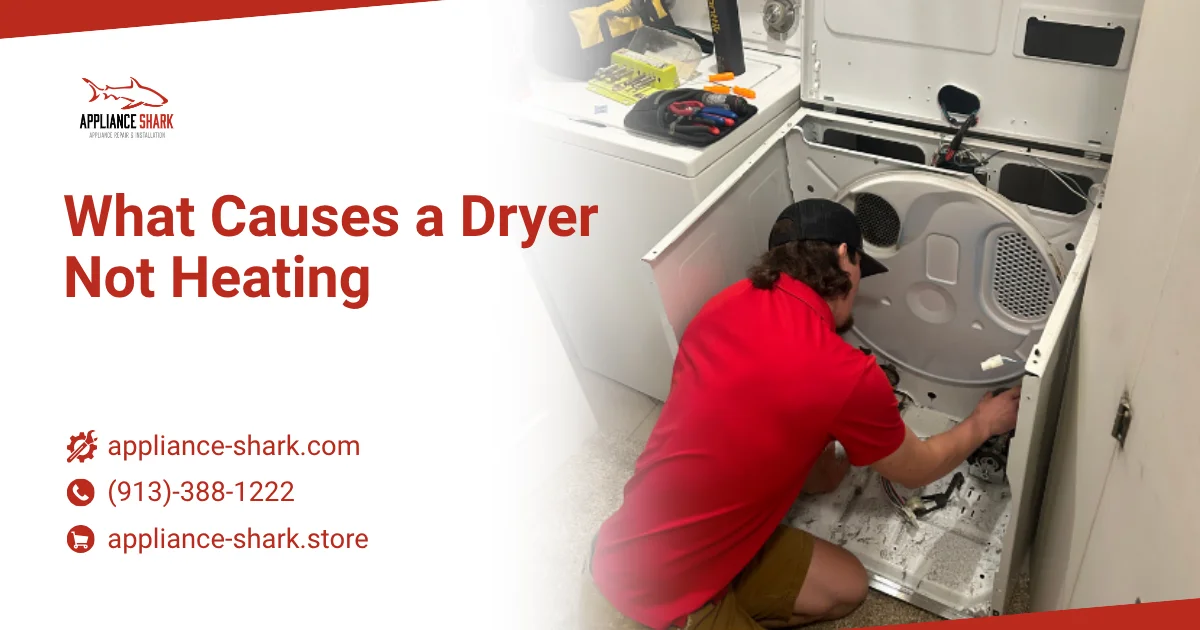Dryer Not Heating causes, technician repairing dryer drum interior