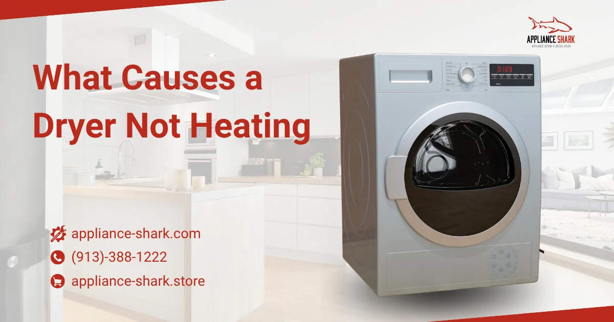 What Causes a Dryer Not Heating' with a silver front-load dryer in a kitchen setting