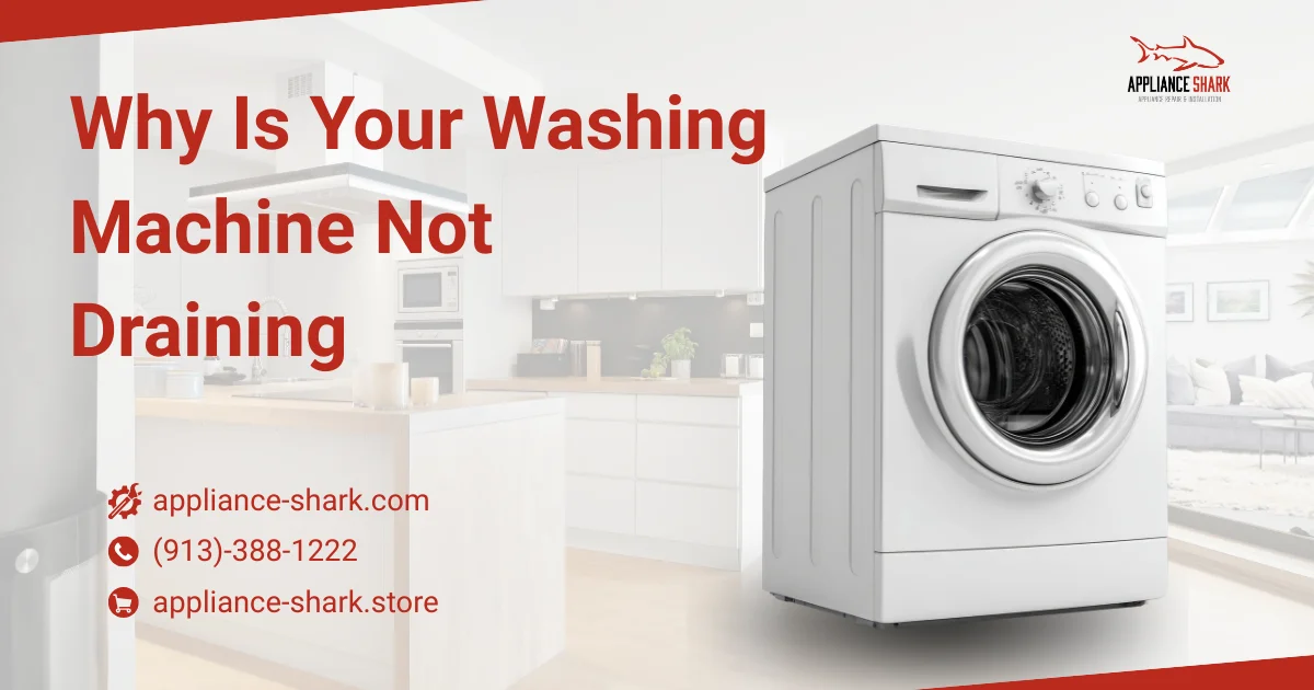 Why Is Your Washing Machine Not Draining' with a white front-load washer in a kitchen setting